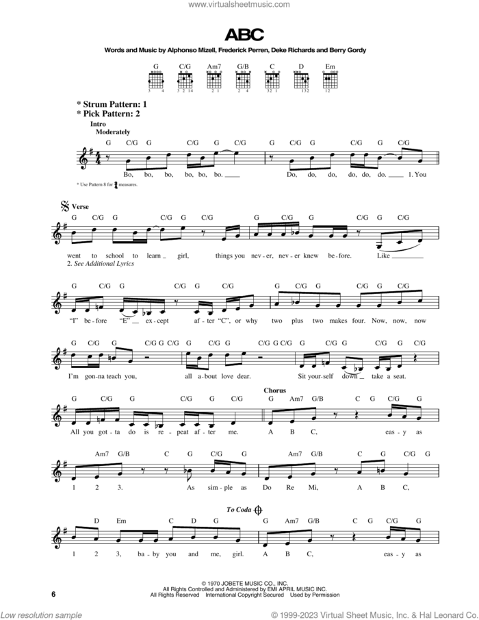 ABC sheet music for guitar solo (chords) by The Jackson 5, Alphonso Mizell, Berry Gordy, Deke Richards and Frederick Perren, easy guitar (chords)