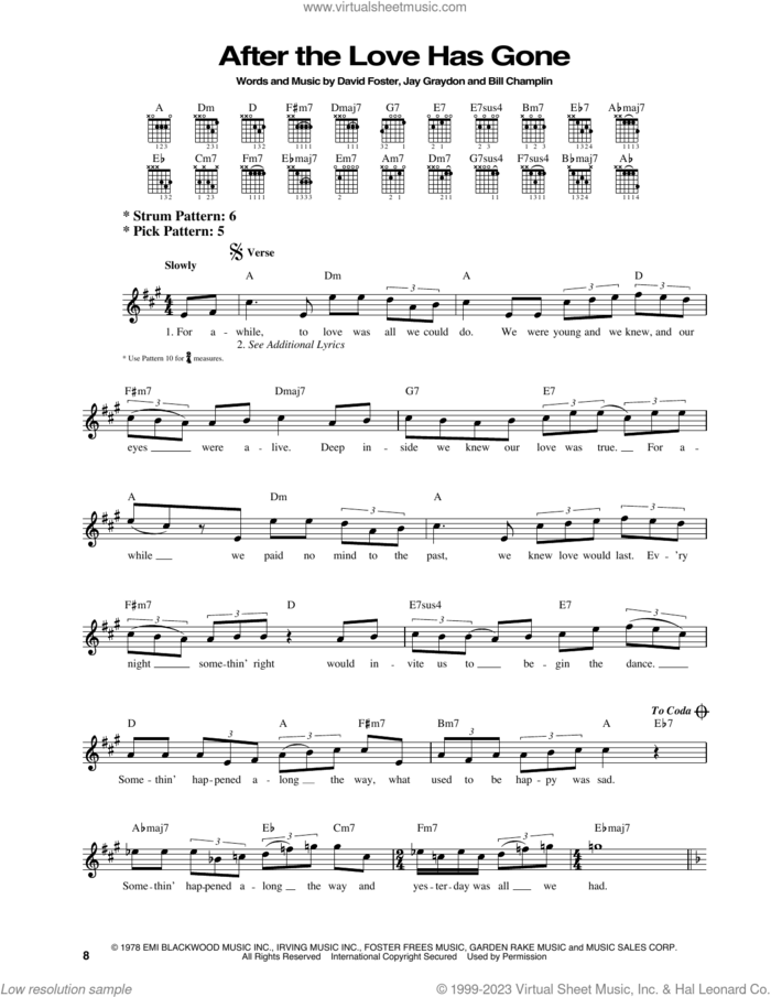 After The Love Has Gone sheet music for guitar solo (chords) by Earth, Wind & Fire, Bill Champlin, David Foster and Jay Graydon, easy guitar (chords)