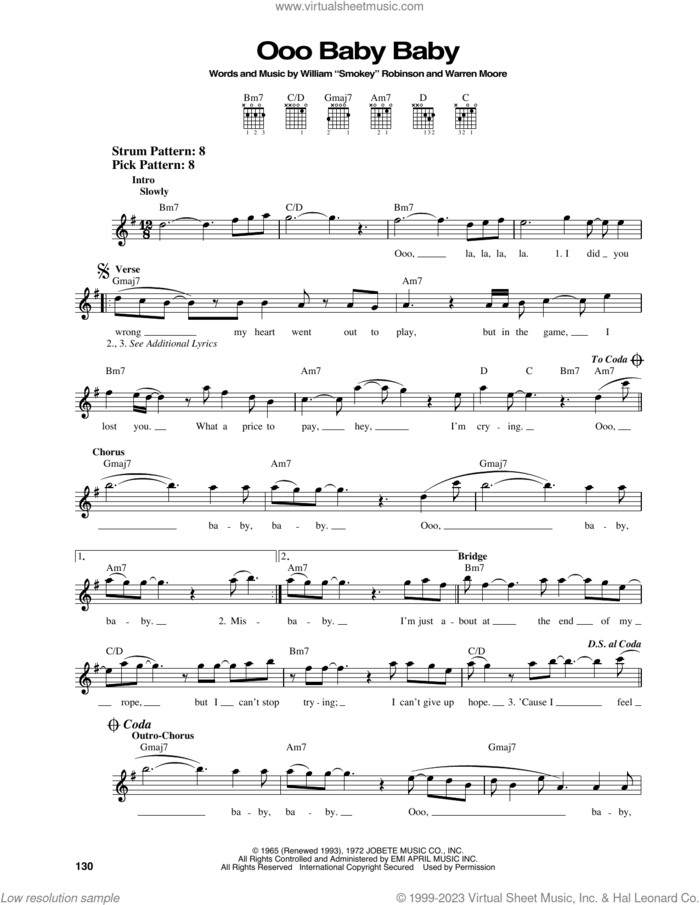 Ooo Baby Baby sheet music for guitar solo (chords) by Smokey Robinson & The Miracles, Linda Ronstadt and Warren Moore, easy guitar (chords)