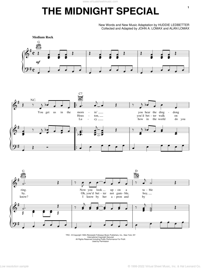 The Midnight Special sheet music for voice, piano or guitar by Lead Belly and Huddie Ledbetter, intermediate skill level