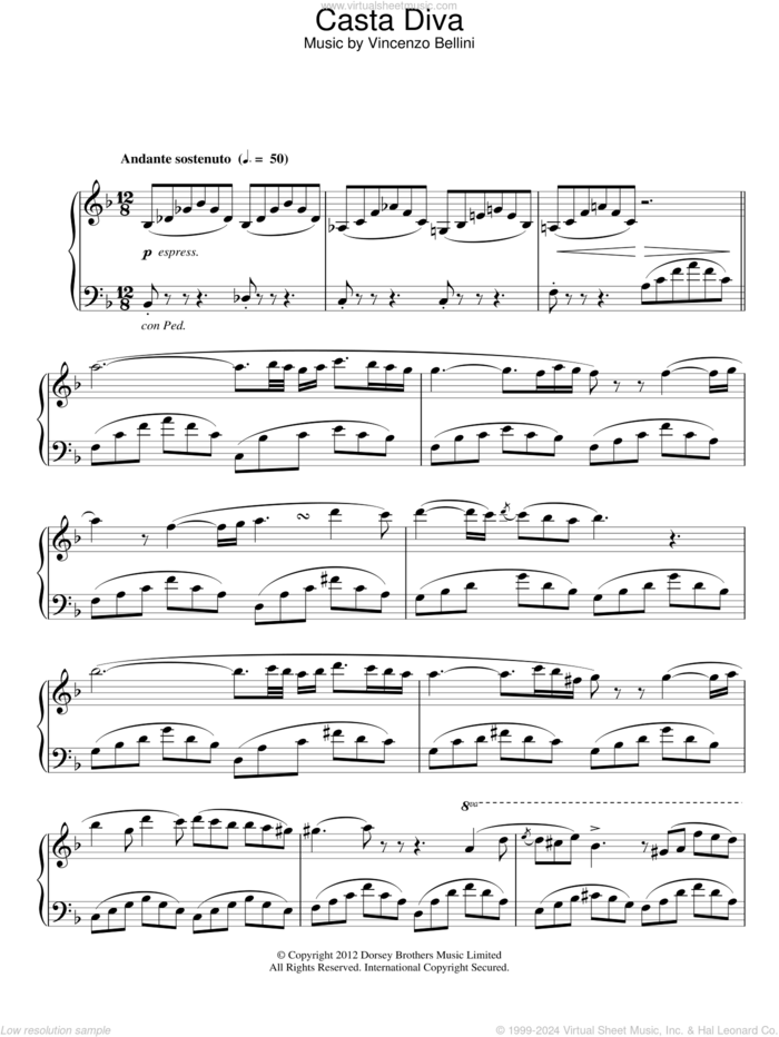 Casta Diva sheet music for piano solo by Vincenzo Bellini, classical score, intermediate skill level