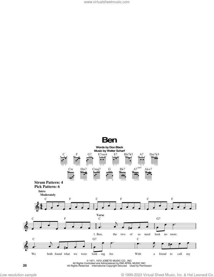 Ben sheet music for guitar solo (chords) by Michael Jackson, Don Black and Walter Scharf, easy guitar (chords)