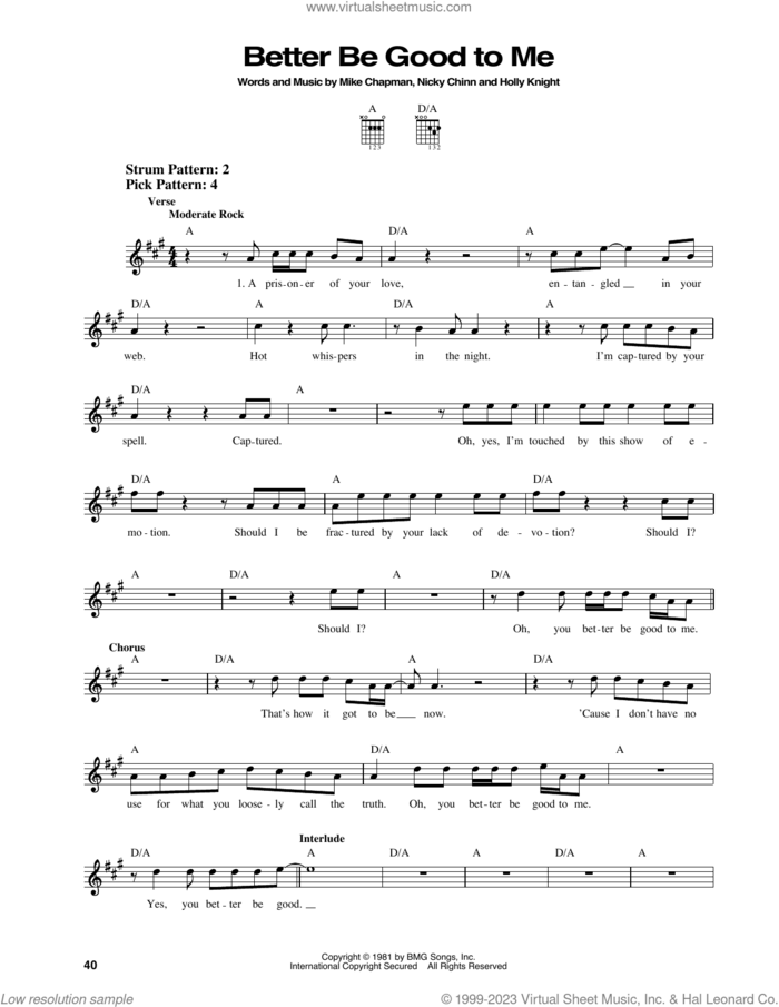 Better Be Good To Me sheet music for guitar solo (chords) by Tina Turner, Holly Knight, Mike Chapman and Nicky Chinn, wedding score, easy guitar (chords)