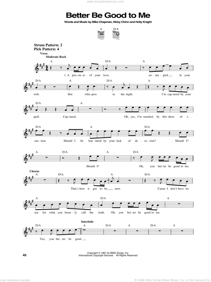 Better Be Good To Me sheet music for guitar solo (chords) by Tina Turner, Holly Knight, Mike Chapman and Nicky Chinn, wedding score, easy guitar (chords)