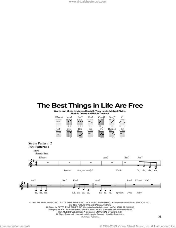 The Best Things In Life Are Free (from Mo' Money) sheet music for guitar solo (chords) by Luther Vandross & Janet Jackson, James Harris, Michael Bivins, Ronnie DeVoe and Terry Lewis, easy guitar (chords)
