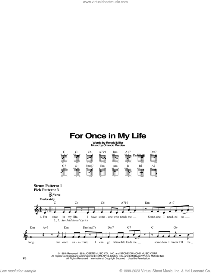 For Once In My Life sheet music for guitar solo (chords) by Stevie Wonder, Orlando Murden and Ron Miller, easy guitar (chords)