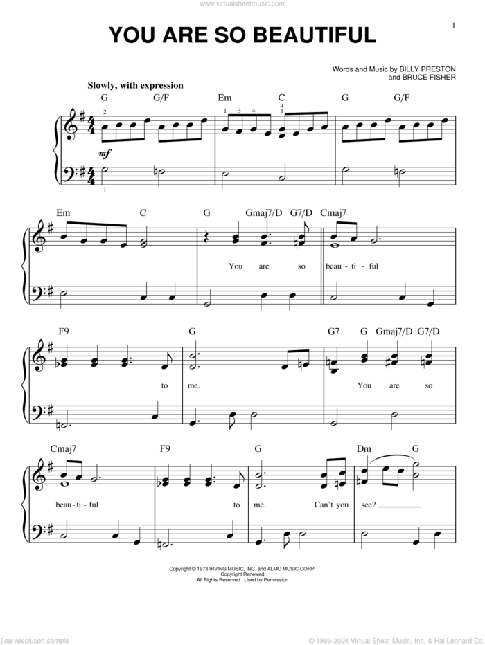 You Are So Beautiful, (easy) sheet music for piano solo by Joe Cocker, Billy Preston and Bruce Fisher, easy skill level