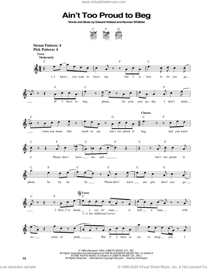 Ain't Too Proud To Beg sheet music for guitar solo (chords) by The Temptations, The Rolling Stones, Edward Holland Jr. and Norman Whitfield, easy guitar (chords)