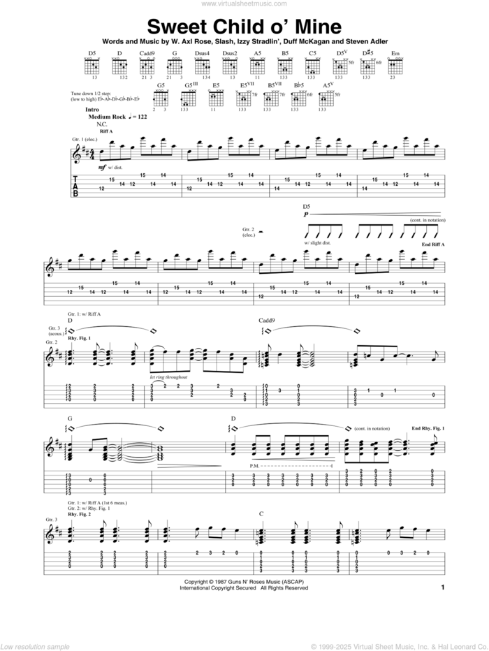 Sweet Child O' Mine sheet music for guitar (tablature) by Guns N' Roses, Axl Rose, Duff McKagan, Slash and Steven Adler, intermediate skill level