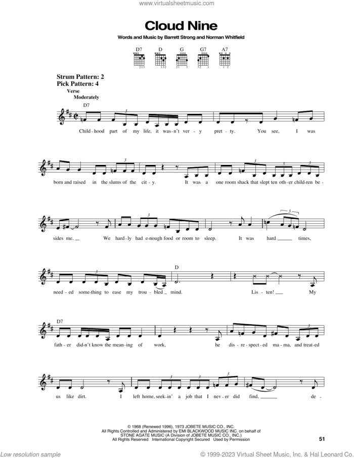 Cloud Nine sheet music for guitar solo (chords) by The Temptations, Barrett Strong and Norman Whitfield, easy guitar (chords)