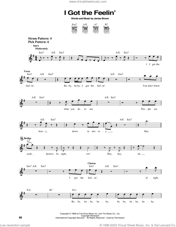 I Got The Feelin' sheet music for guitar solo (chords) by James Brown, easy guitar (chords)