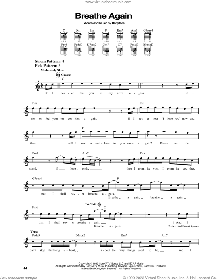 Breathe Again sheet music for guitar solo (chords) by Toni Braxton and Babyface, easy guitar (chords)