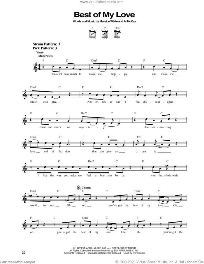 Best Of My Love sheet music for guitar solo (chords) by The Emotions, Al McKay and Maurice White, wedding score, easy guitar (chords)