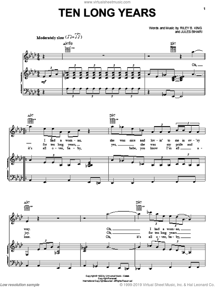 Ten Long Years sheet music for voice, piano or guitar by B.B. King, Jules Bihari and Riley B. King, intermediate skill level