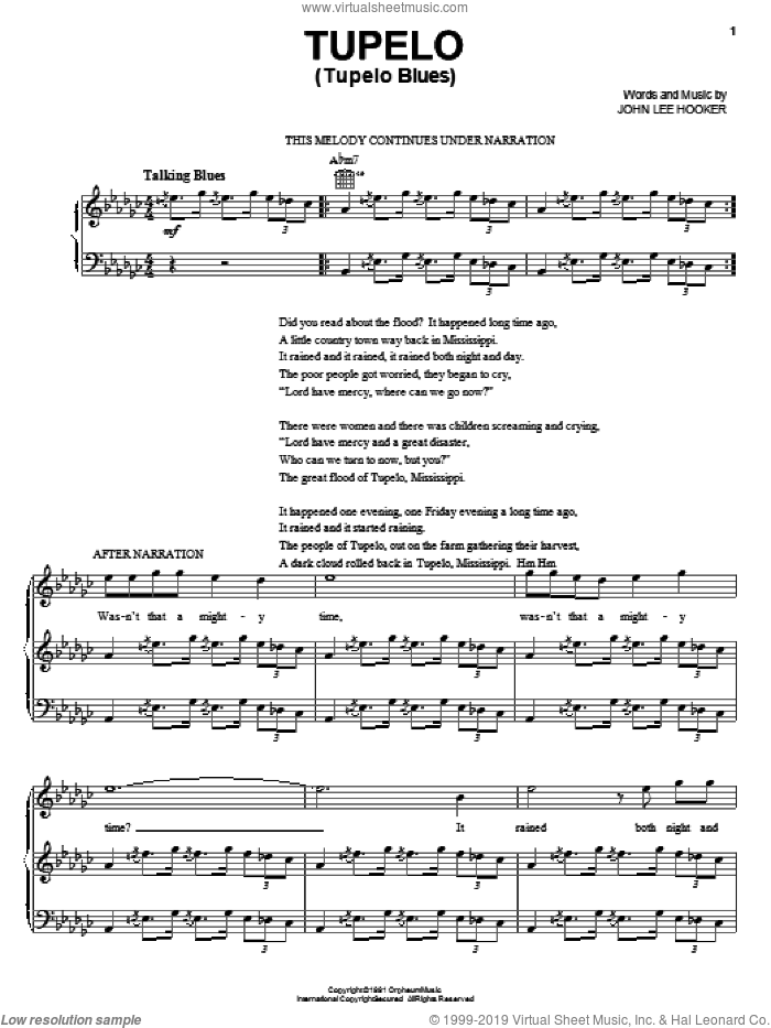 Tupelo (Tupelo Blues) sheet music for voice, piano or guitar by John Lee Hooker, intermediate skill level