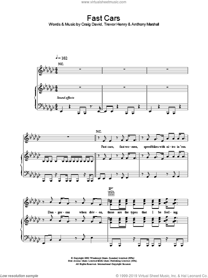 Fast Cars sheet music for voice, piano or guitar by Craig David, intermediate skill level
