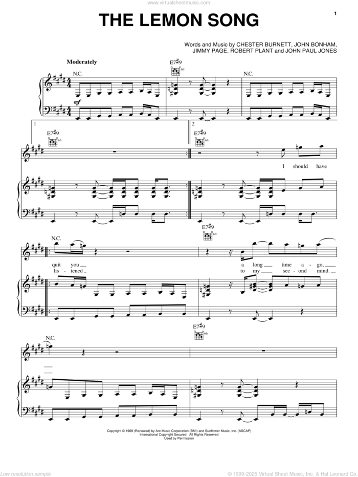 The Lemon Song sheet music for voice, piano or guitar by Led Zeppelin, Chester Burnett, Jimmy Page, John Bonham, John Paul Jones and Robert Plant, intermediate skill level