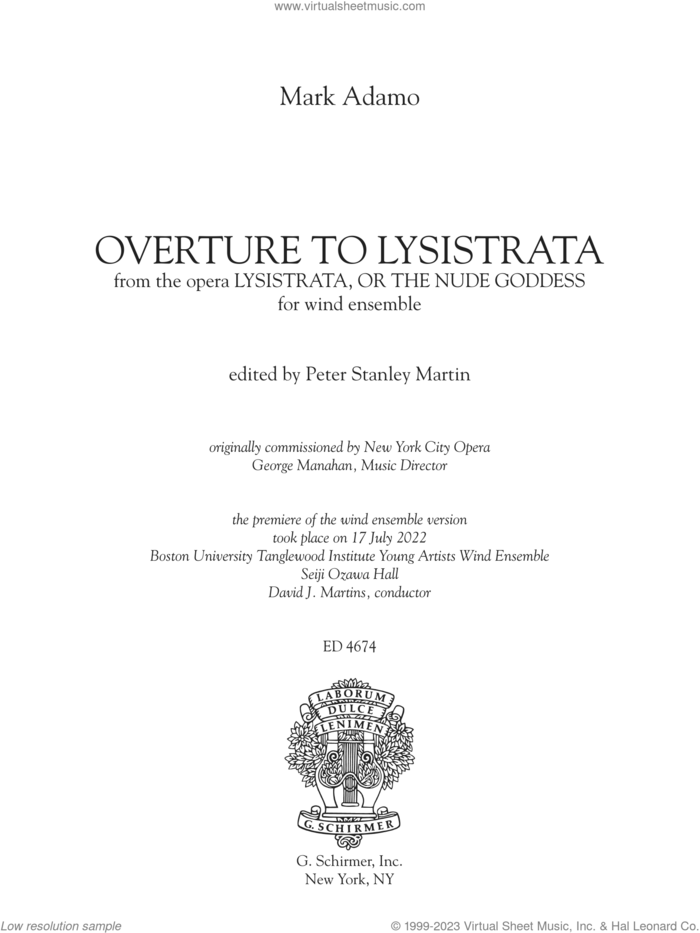 Overture to Lysistrata (arr. Peter Stanley Martin) (COMPLETE) sheet music for concert band by Peter Stanley Martin and Mark Adamo, intermediate skill level