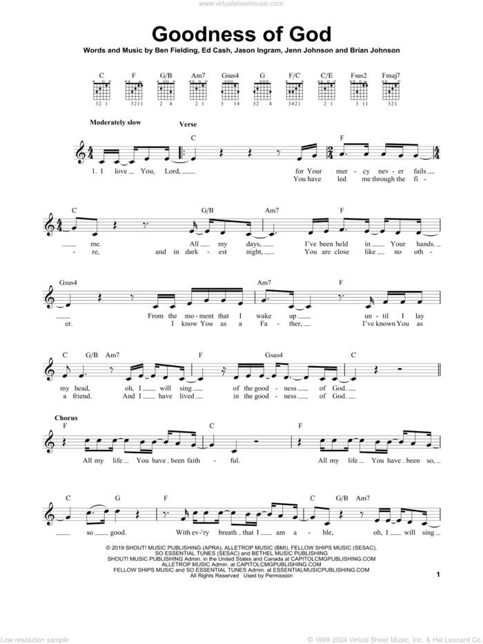 Goodness Of God sheet music for guitar solo (chords) by Bethel Music and Jenn Johnson, CeCe Winans, Ben Fielding, Brian Johnson, Ed Cash, Jason Ingram and Jenn Johnson, easy guitar (chords)