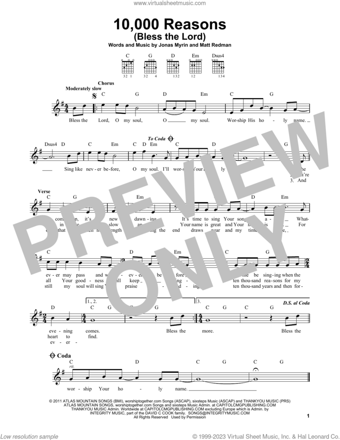 10,000 Reasons (Bless The Lord) sheet music for guitar solo (chords) by Matt Redman and Jonas Myrin, easy guitar (chords)