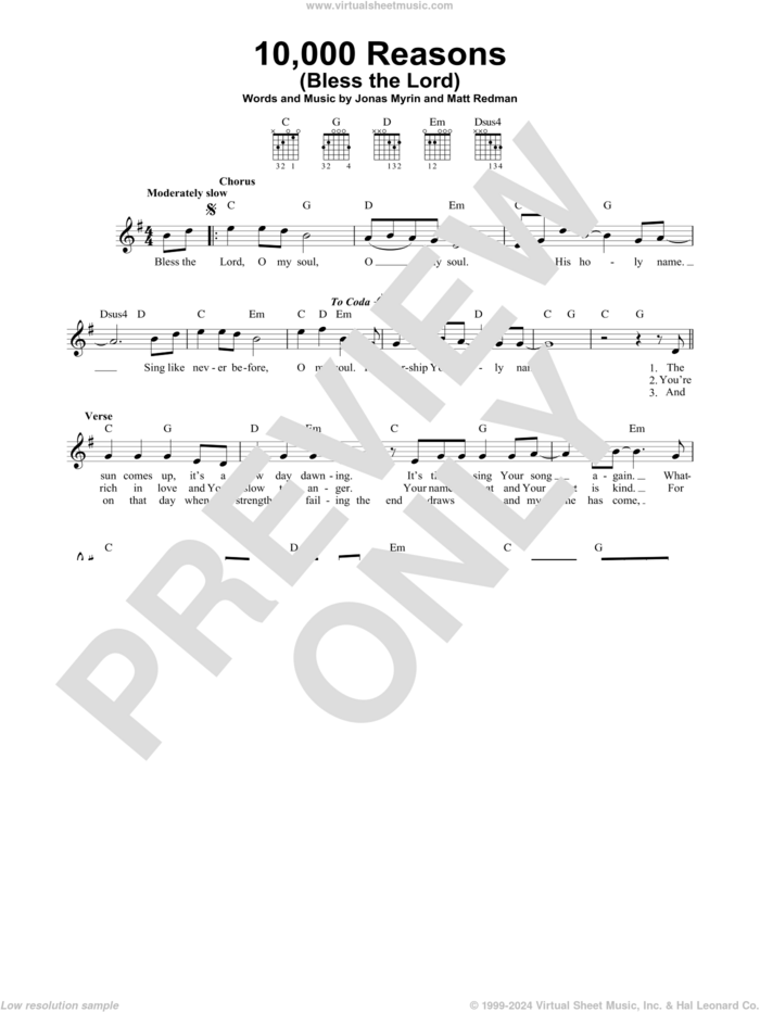 10,000 Reasons (Bless The Lord) sheet music for guitar solo (chords) by Matt Redman and Jonas Myrin, easy guitar (chords)