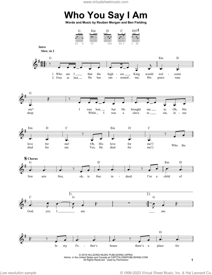 Who You Say I Am sheet music for guitar solo (chords) by Hillsong Worship, Ben Fielding and Reuben Morgan, easy guitar (chords)