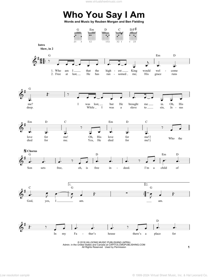 Who You Say I Am sheet music for guitar solo (chords) by Hillsong Worship, Ben Fielding and Reuben Morgan, easy guitar (chords)