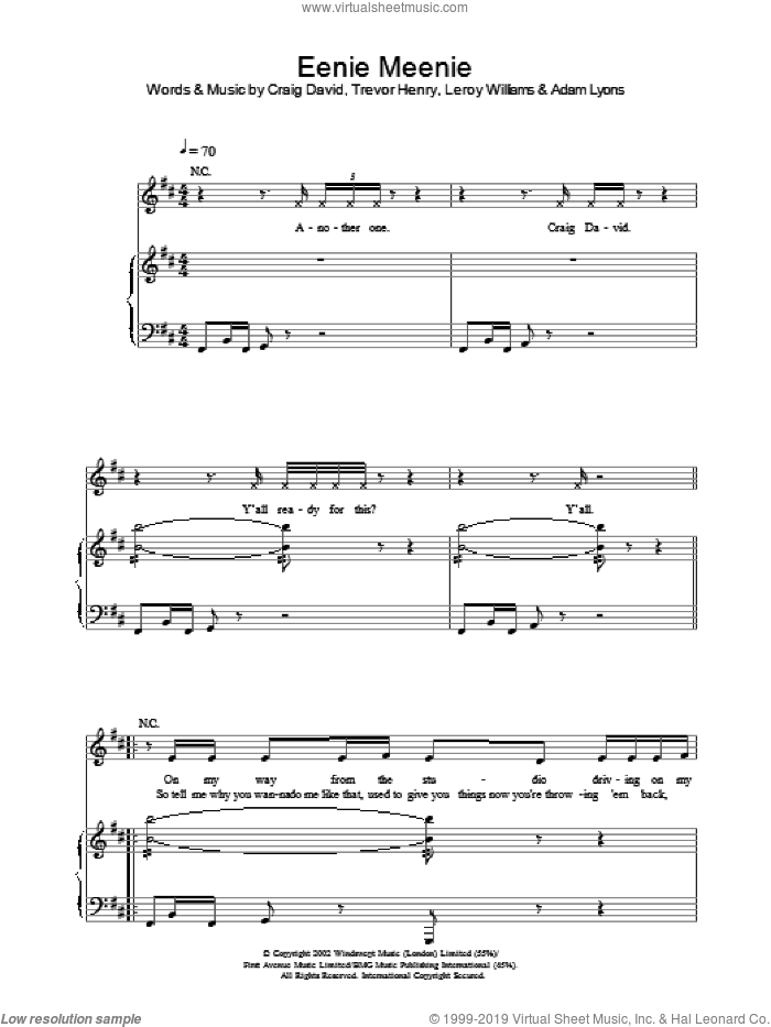 Eenie Meenie sheet music for voice, piano or guitar by Craig David, intermediate skill level