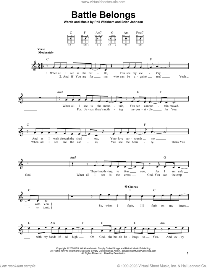 Battle Belongs sheet music for guitar solo (chords) by Phil Wickham and Brian Johnson, easy guitar (chords)