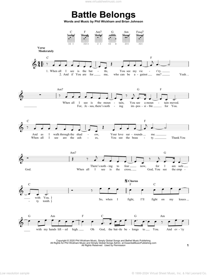 Battle Belongs sheet music for guitar solo (chords) by Phil Wickham and Brian Johnson, easy guitar (chords)