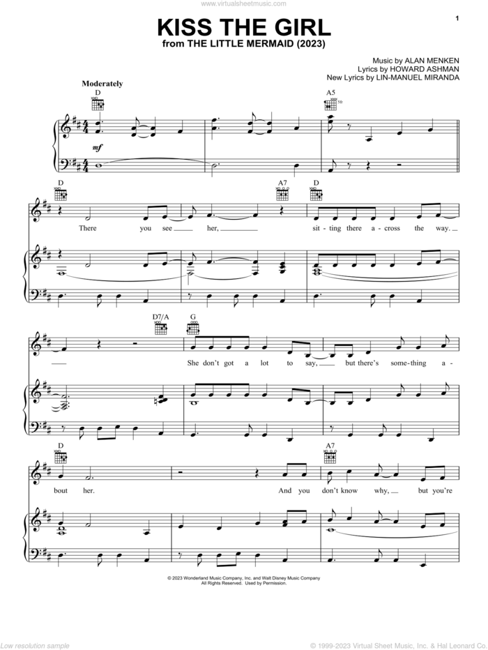 Kiss The Girl (from The Little Mermaid) (2023) sheet music for voice, piano or guitar by Daveed Diggs, Awkwafina, & Jacob Tremblay, Alan Menken, Howard Ashman and Lin-Manuel Miranda, intermediate skill level
