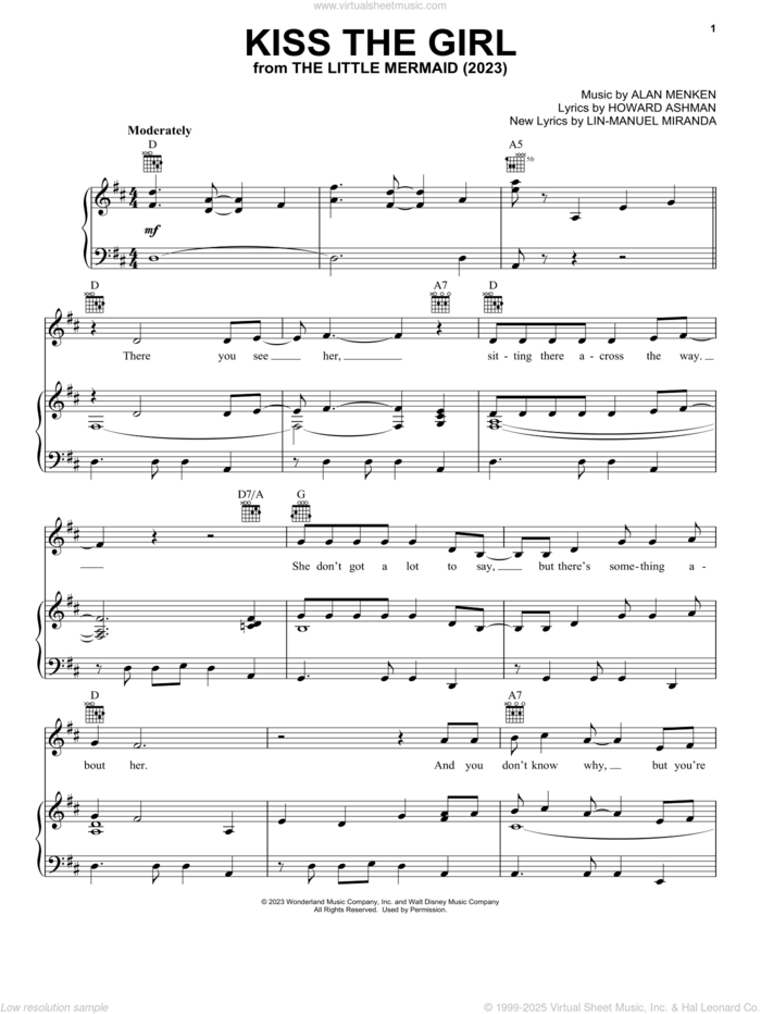 Kiss The Girl (from The Little Mermaid) (2023) sheet music for voice, piano or guitar by Daveed Diggs, Awkwafina, & Jacob Tremblay, Alan Menken, Howard Ashman and Lin-Manuel Miranda, intermediate skill level