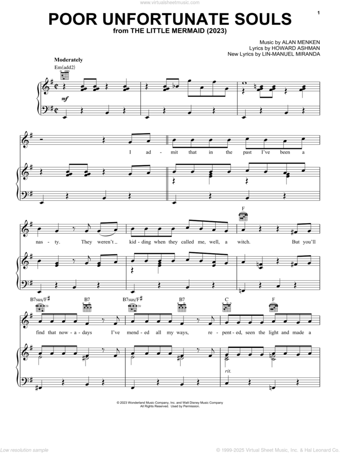 Poor Unfortunate Souls (from The Little Mermaid) (2023) sheet music for voice, piano or guitar by Melissa McCarthy, Alan Menken, Howard Ashman and Lin-Manuel Miranda, intermediate skill level