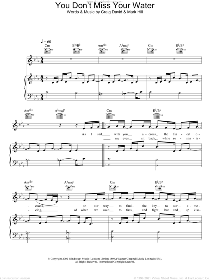You Don't Miss Your Water sheet music for voice, piano or guitar by Craig David, intermediate skill level