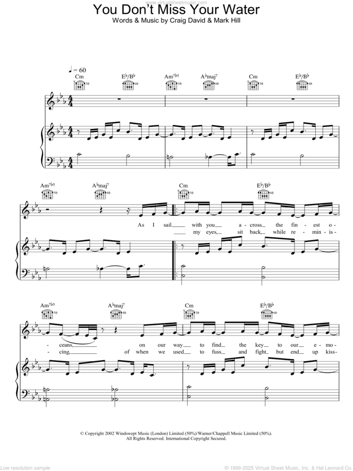 You Don't Miss Your Water sheet music for voice, piano or guitar by Craig David, intermediate skill level