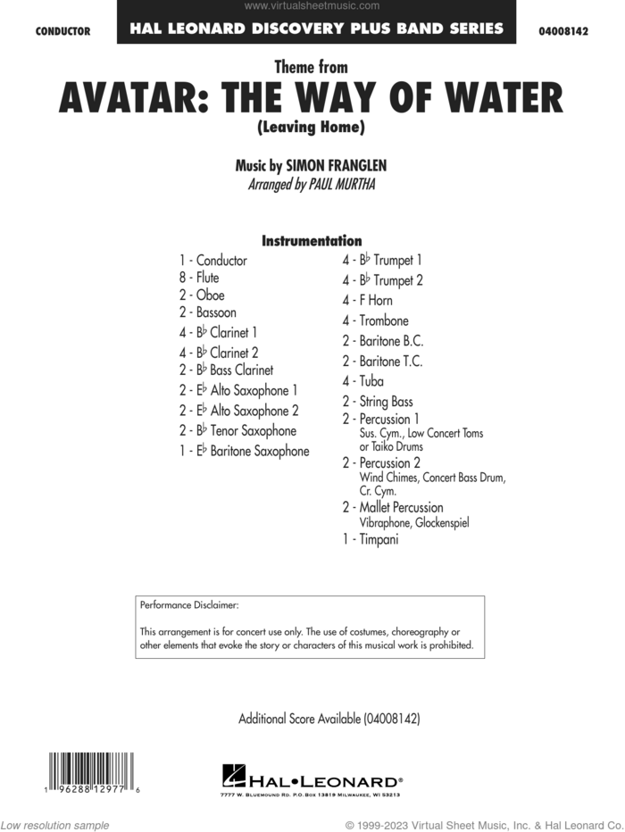 Theme from Avatar: The Way of Water (arr. Paul Murtha) (COMPLETE) sheet music for concert band by Paul Murtha and Simon Franglen, intermediate skill level