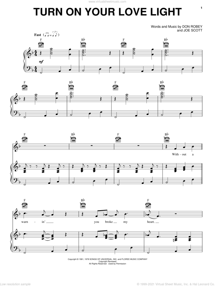 Turn On Your Love Light sheet music for voice, piano or guitar by Bobby 'Blue' Bland, Grateful Dead, Don Robey and Joe Scott, intermediate skill level