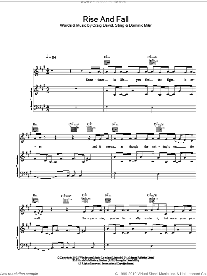 Rise And Fall sheet music for voice, piano or guitar by Craig David, intermediate skill level