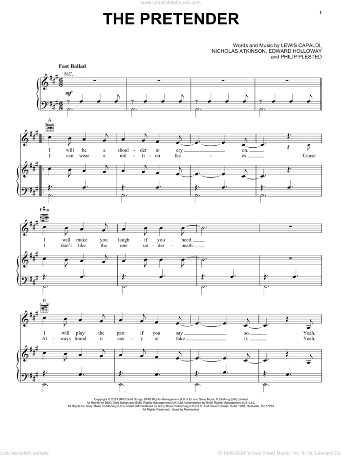 The Pretender sheet music for voice, piano or guitar by Lewis Capaldi, Edward Holloway, Nicholas Atkinson and Philip Plested, intermediate skill level