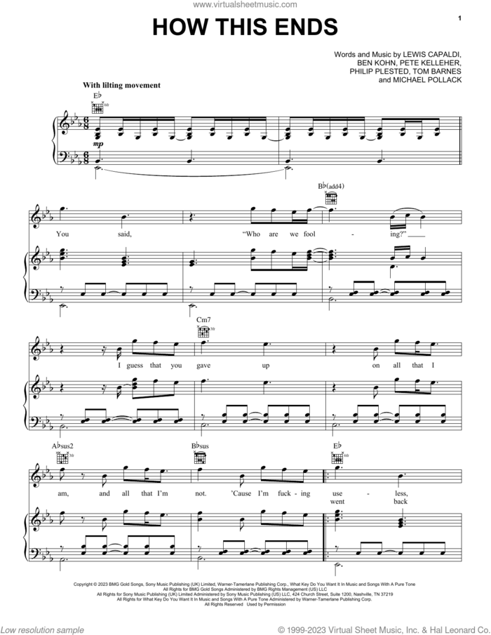 How This Ends sheet music for voice, piano or guitar by Lewis Capaldi, Ben Kohn, Michael Pollack, Pete Kelleher, Philip Plested and Tom Barnes, intermediate skill level