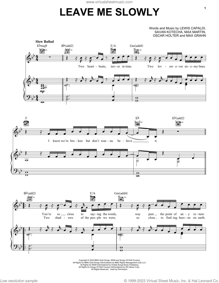 Leave Me Slowly sheet music for voice, piano or guitar by Lewis Capaldi, Max Grahn, Max Martin, Oscar Holter and Savan Kotecha, intermediate skill level