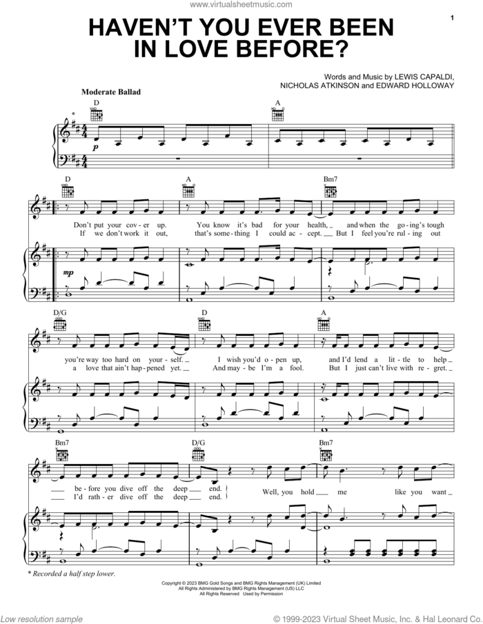 Haven't You Ever Been In Love Before? sheet music for voice, piano or guitar by Lewis Capaldi, Edward Holloway and Nicholas Atkinson, intermediate skill level
