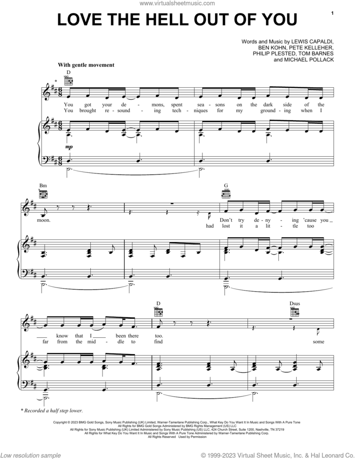 Love The Hell Out Of You sheet music for voice, piano or guitar by Lewis Capaldi, Ben Kohn, Michael Pollack, Pete Kelleher, Philip Plested and Tom Barnes, intermediate skill level