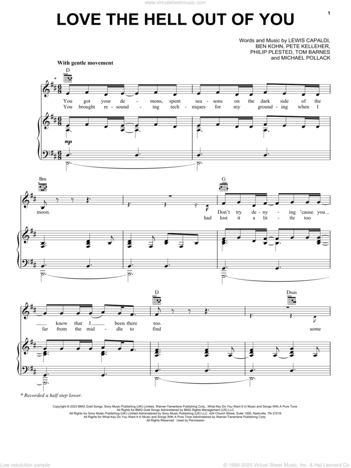 Love The Hell Out Of You sheet music for voice, piano or guitar by Lewis Capaldi, Ben Kohn, Michael Pollack, Pete Kelleher, Philip Plested and Tom Barnes, intermediate skill level