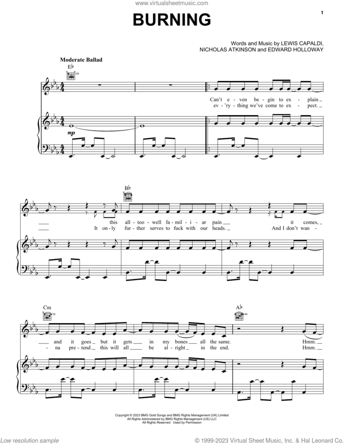 Burning sheet music for voice, piano or guitar by Lewis Capaldi, Edward Holloway and Nicholas Atkinson, intermediate skill level