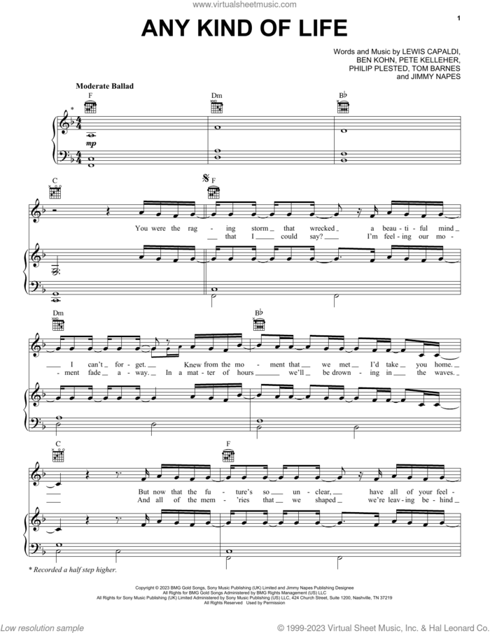 Any Kind Of Life sheet music for voice, piano or guitar by Lewis Capaldi, Ben Kohn, Pete Kelleher, Philip Plested and Tom Barnes, intermediate skill level