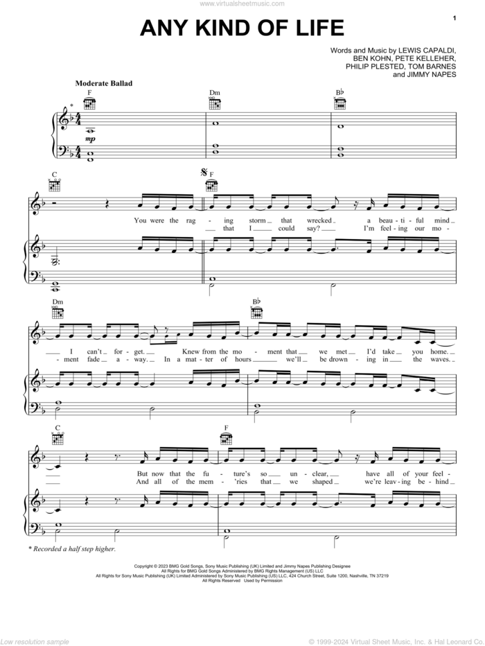 Any Kind Of Life sheet music for voice, piano or guitar by Lewis Capaldi, Ben Kohn, Pete Kelleher, Philip Plested and Tom Barnes, intermediate skill level