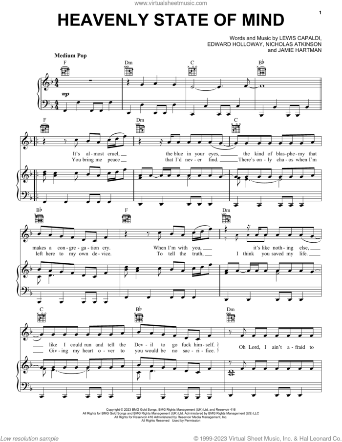 Heavenly Kind Of State Of Mind sheet music for voice, piano or guitar by Lewis Capaldi, Edward Holloway, Jamie Hartman and Nicholas Atkinson, intermediate skill level
