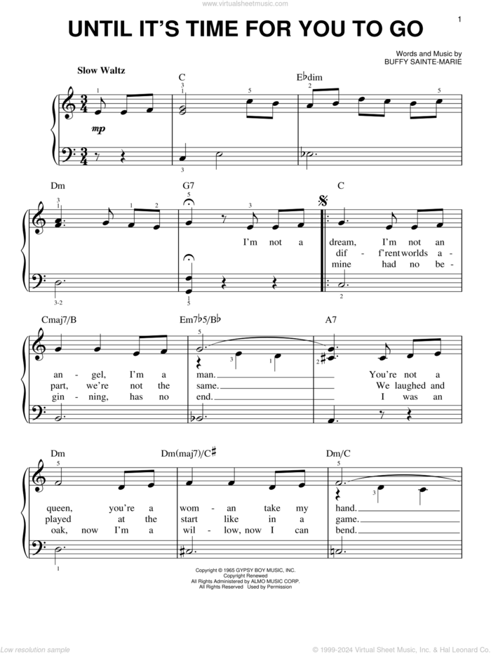 Until It's Time For You To Go sheet music for piano solo by Buffy Sainte-Marie, Elvis Presley and Neil Diamond, easy skill level