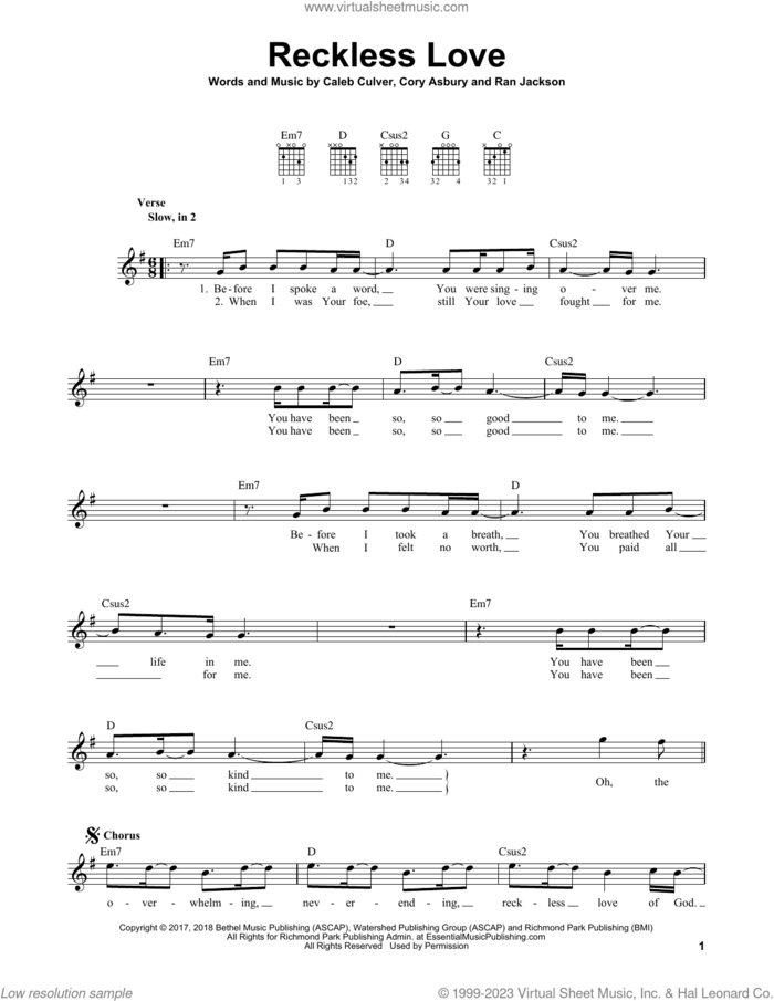 Reckless Love sheet music for guitar solo (chords) by Cory Asbury, Caleb Culver and Ran Jackson, easy guitar (chords)